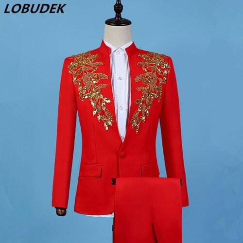 Adult Mens Suits Banquet Host Stage Performance Suit Fashion Golden Red Sequins Beads Blazers 2-Piece Bar Singer Dancer Costume