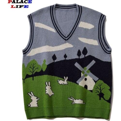 College Style Pullovers Sweaters Men Sleeveless Cartoon Print Streetwear Oversized Harajuku V-Neck Knitwear Vest Men Clothing