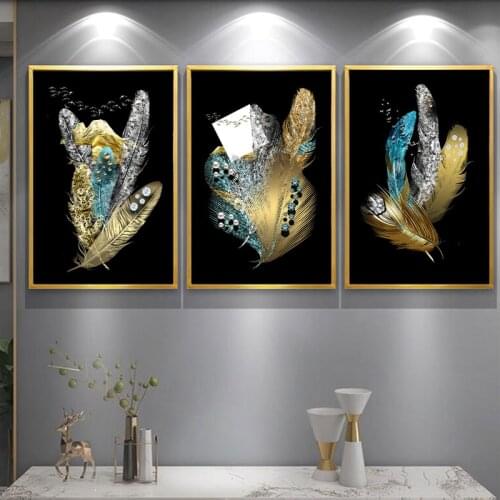 Black Golden Feather Posters and Prints on Canvas Painting Abstract Wall Art Decorative Pictures for Living Room Nordic Decor
