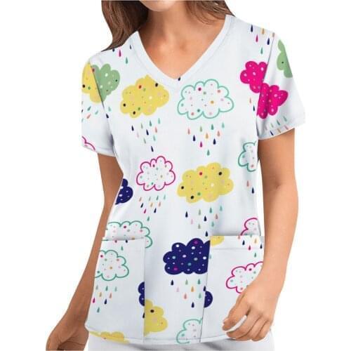 Working Nurse Uniform Tops V Neck Cartoon Sheep Clouds Printing Short Sleeve with Pocket Nuring Tops for Women Mukoti Yunifomu