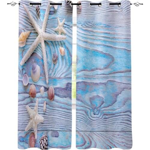 Shells Summer Plank Wooden Blue Beach Window Curtains LivingRoom Kitchen Curtains Left and Right Biparting Open
