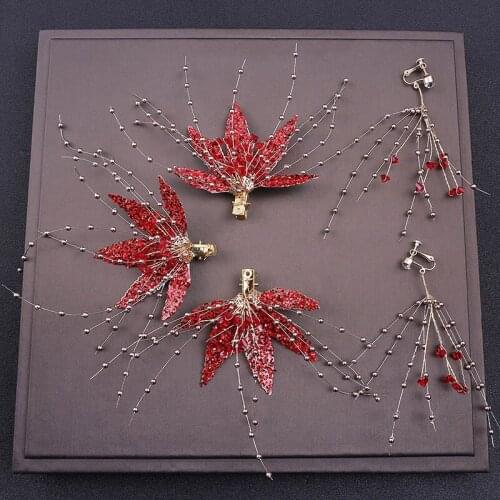Red Maples Leaf Hair Clip Earring Set Korean Style Gold Hand Made Clip Wedding Dress Hair Accessories BH