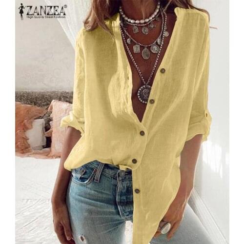 ZANZEA 2021 Spring Solid Tops Female Casual Cotton Linen Blusa Holiday Basic Button Shirts Plus Size Womens Street Fashion Tunic