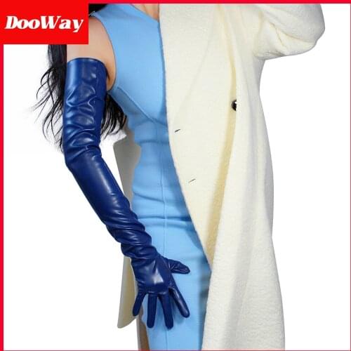 DooWay Super Long Gloves Faux Leather for Women Opera Evening Navy Blue 70cm/ 28inches