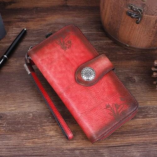 Genuine Leather Retro Womens Wallets and Purses Wallet Card Holder 2021 Winter Ladies Hand Painted Hand Wallet Long Phone Purse