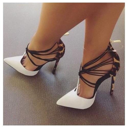 Pointed Toe Lace-up Women High Heels Shoes Fashion Patchwork Leopard Dress Shoes Lady Party Shoes