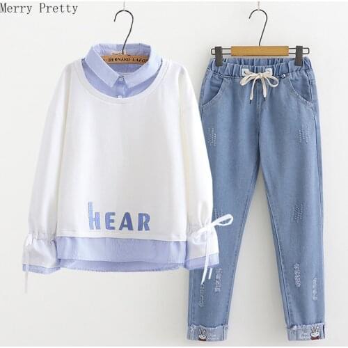 Women Sets Clothing Letter Embroidery Sweatshirt And Cartoon Embroidery Pockets Denim Pants 2021 Women Casual Two Piece Set