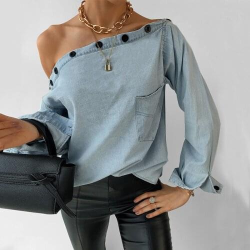Off The Shoulder Long Sleeved Loose Women Pullover Denim Sexy Shirt Womens Autumn Casual Blue Buttoned Collar Fashion Blouses