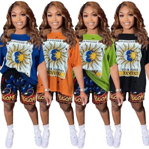 Echoine Summer 2021 Two Piece Set Women Round Neck Letter Print Hole Short Sleeve T-shirt with Shorts Casual Streetwear Outfits