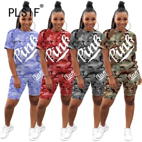 Pink Letter Women Summer New Arrive Tracksuit Casual Slim 2 Pieces Track Suit Matching Suit Outfits