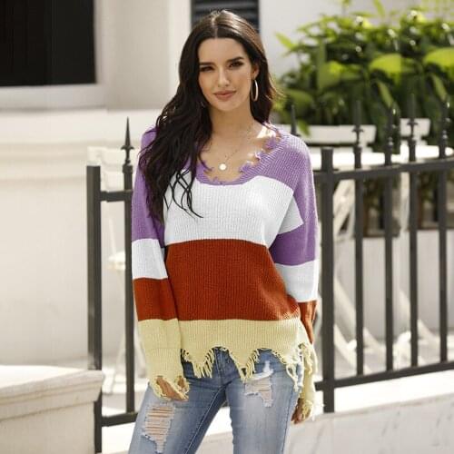 V-neck Stripes Contrast Color Sweater Women Autumn Winter Casual Pullovers Ripped Knitwear 2020 New