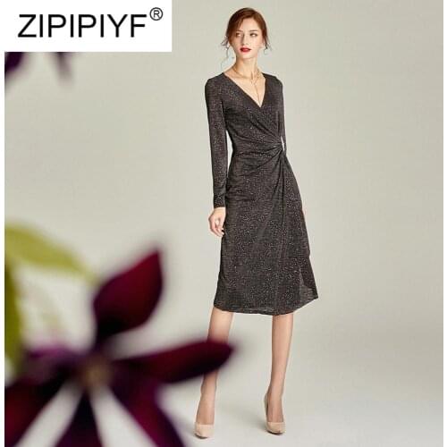 2020 Spring Summer Women New Fashion Solid Dress V-Neck Long Sleeve Waist Pleated Slim Knee-Length Casual Elegant Dress Y139