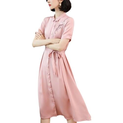 2021 Summer High End Embroided Short Sleeve Pink Silk Dress With Turn-Down Collar For Woman Elegant And Natural Sexy