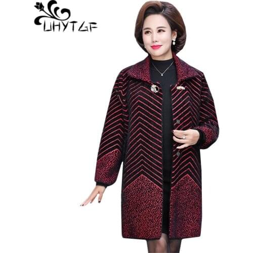 UHYTGF Elegant mom autumn winter wool coat fashion stripe Cardigan 4XL Plus size tops Imitation Mink Cashmere woolen jacket 487