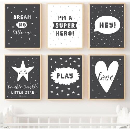 Star Black White Poster Nursery Print Dream Big Quotes Art Wall Canvas Painting Nordic Child Picture Baby kids Room Decoration