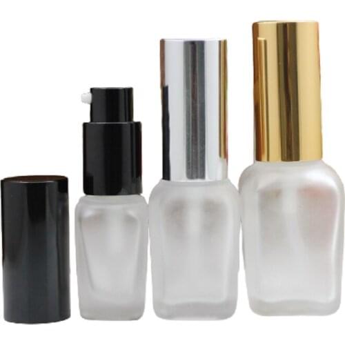 10ml 20ml 30ml Square Frost Refillable Glass Emulsion Lotion Bottle Gold Silver Black Lid Travel Cosmetic Container 15pcs