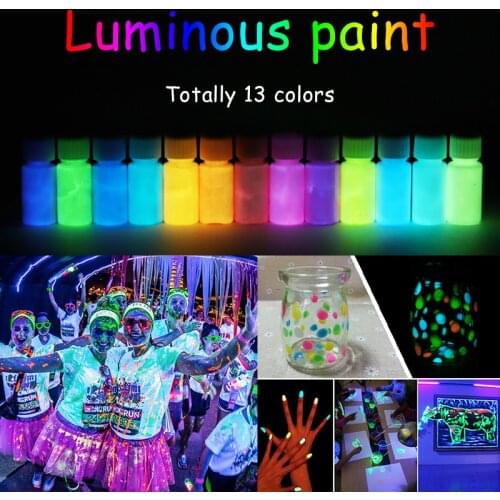 13 Colors Acrylic Paint Glow in the Dark gold Glowing paint Luminous Pigment Fluorescent Powder painting for Nail Art supplies