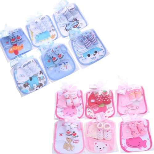 3Set Baby Cotton Bibs Towel Socks Sets Newborn Kids Burp Cloths+Socks +Anti-scratch Gloves Boys Girls Christmas Birthday Gift