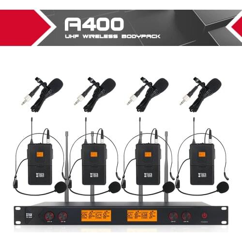 XTUGA A400 Metal Material 4-Channel UHF Wireless Microphone System with 4 Bodypack use for Stage Church Use for Family Party