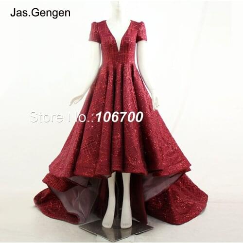 High Low Bling Glitter robe de soiree Evening Dress Short Sleeves Plunging Neckline Dark Red Color Bridal Marriage Prom Gowns