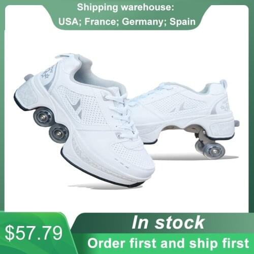 Unisex Deformation Shoes Four Wheels Rounds Running Shoes Breathable Outdoor Skating Shoes Invisible Pulley Skating Shoes
