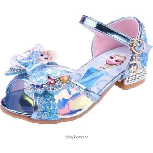 Disne Frozen Elsa Princess Kids Leather Shoes For Girls Beading Glitter Children High Heel Girls Shoes Butterfly Knot Blue 25-35