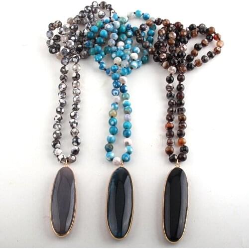 RH Fashion Beaded Jewelry Stones Long Knotted Semi Precious Drop Stone Pendant Necklaces For Women