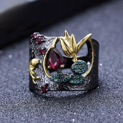 Hot Sale Hollow Two-tone Water Droplets Zircon Ring Engagement Popular FemaleJewelry BLue Pomegranate Ring