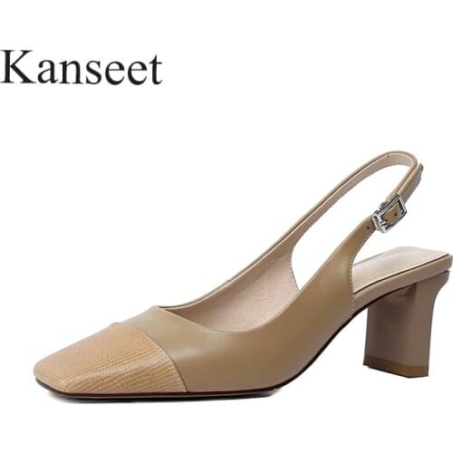 Kanseet Patchwork Women Genuine Leather Shoes High Heels Slingbacks Square Toe Sandals Party Dress Black Apricot Thick Heel Shoe