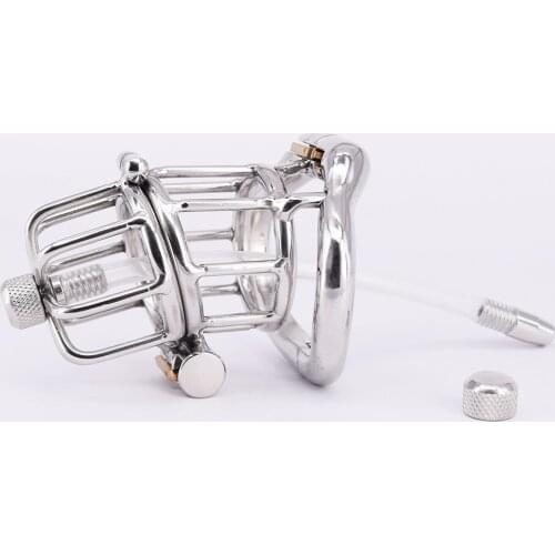 Hinged Type Male Cock Cage Stainless Steel Arc Penis ring Metal Chastity Devices with Urethral Catheter Two Stealth Locks Sex