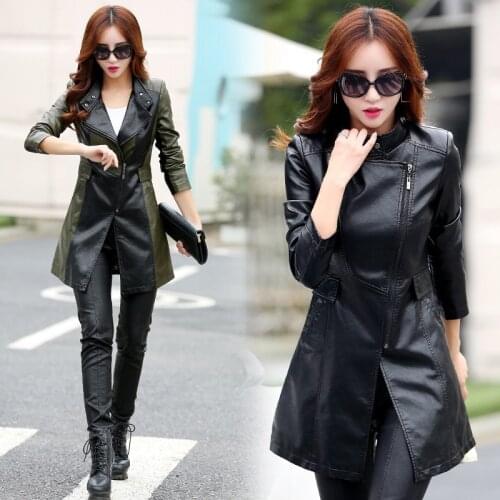 Autumn New girl Leather Jacket Long Womens Leather Coat slim Fashion tops Female Motorcycle Clothing faux leather Blazer spring
