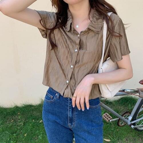 Limiguyue Korean Summer Women Shirt Thin Chic Pleated Blouse Turn Down Collar Tops Causal Solid Short Sleeve Slim Blusas K2350