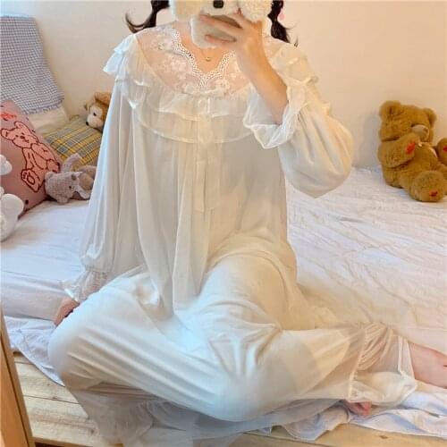 Sweet Casual White Women Nightgowns Girl Pajamas Home Service Summer Lace Gauze Long Sleeve Mid-Calf Women Dresses Vestidos 2021