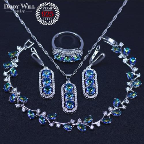 Mystic Rainbow Cubic Zirconia Sets Silver Color For Women Fashion Jewelry Wedding Necklace/Earring/Pendant/Ring/Bracelets Set