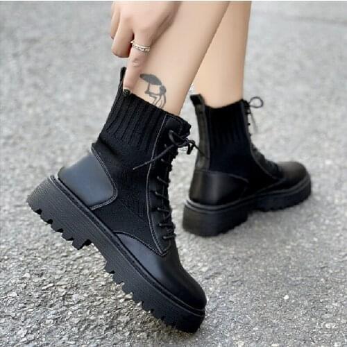 2021 Autumn and Winter New Womens Boots Knitted Short Boots Front Lace-up Martin Boots British Style Retro Leather Boots Trend