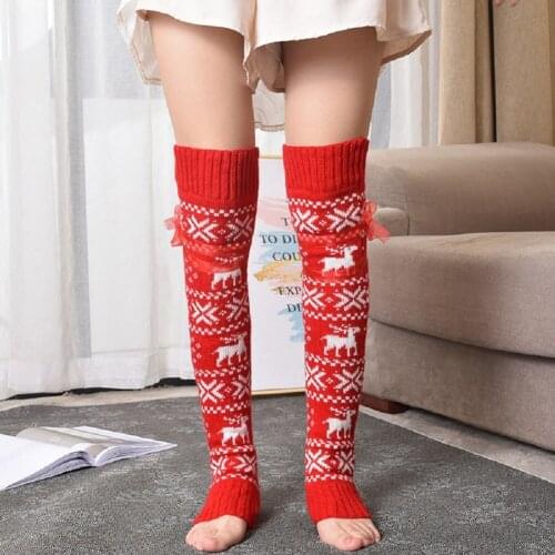 Newest Arrival Women Christmas Elk Leg Warmer Soft Knitted Fabric Over The Knee Long Stocking for Autumn Winter