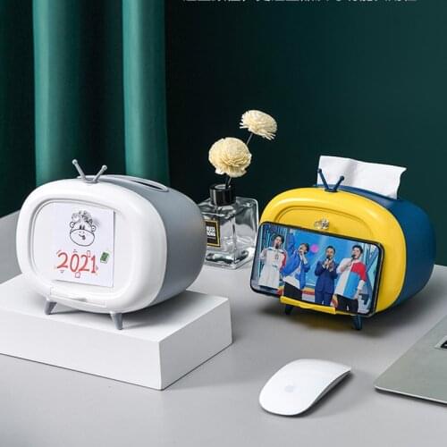 New TV Tissue Box Desktop Paper Holder Dispenser Storage Napkin Case Organizer with Mobile Phone Holder Retro style