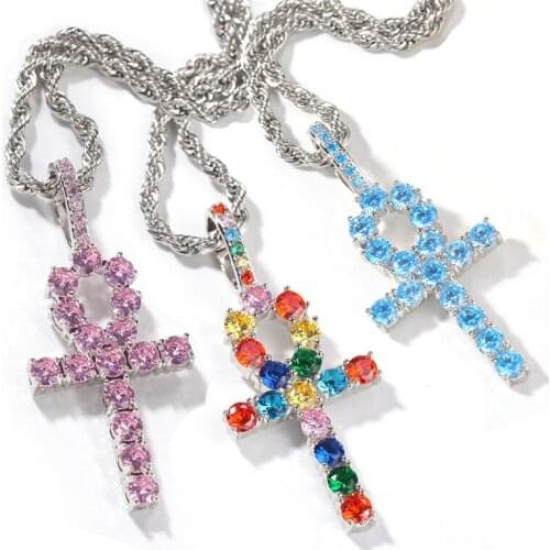 Iced out Ankh Cross Pendant 3 Colors Fashion AAA Zircon Necklace For Men Women Hip Hop Jewelry Gifts