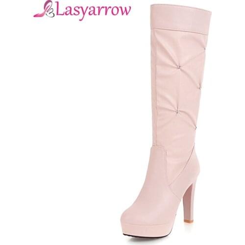 Lasyarrow Pleated Womens Shoes Rhinestone Knee High Boots High Heels Round Toe Platform Shoes Woman Fashion Autumn Winter Boots
