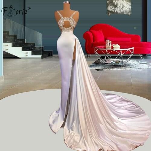 Sexy Beaded Satin Evening Gowns With Side Train High Split Sleeveless Prom Dress Custom Made Illusion Vestido De Fiesta De Gala