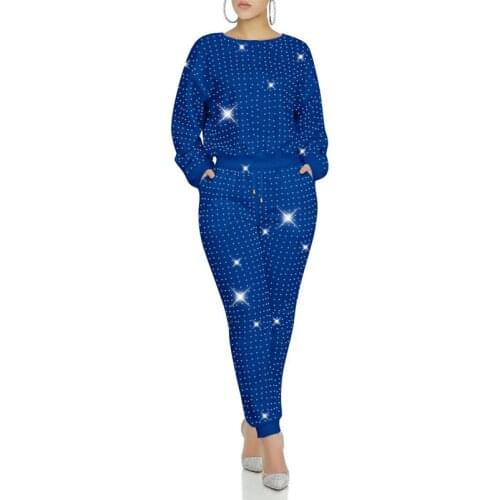 ZKYZWX Rhinestones Two Piece Tracksuits Women Set Long Sleeve O-neck T Shirt Fashion Pencil Pants Lounge Wear Matching Sets