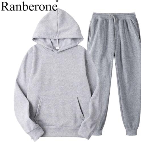 Ranberone 2 Piece Sport Suit Fitness Solid Color Tracksuit Wives Hooded Pullover Sweatshirt Casual Pants Sets Sportswear Male