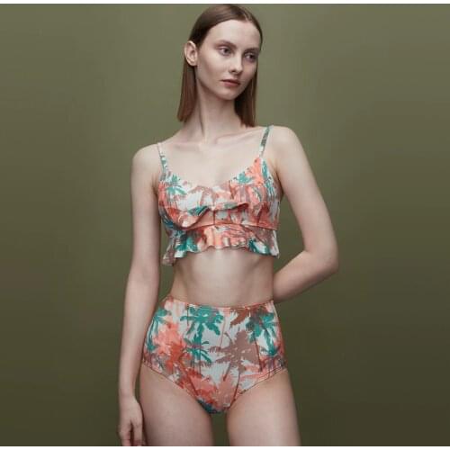 Julysand Womens Bikini Sets Coconut Tree Print Two Piece Swimsuit Retro High Waist Bow Ruffled Swimwear with Chest Pad