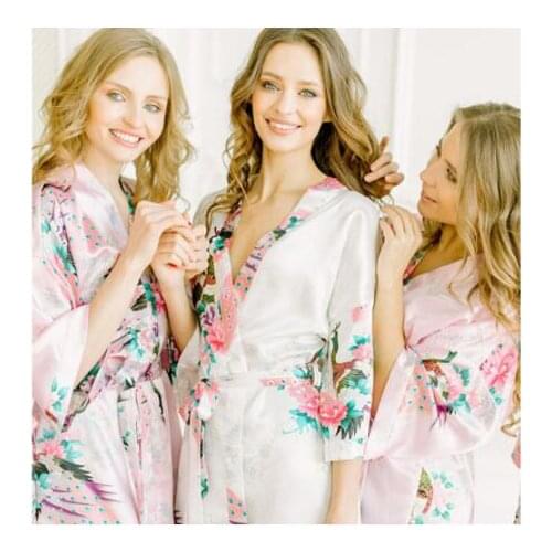 Plus Size XXXL Women Short Satin Robe Printed Floral Nightgown Sexy Kimono Sleepwear Brides Bridesmaid Wedding Dressing Gown