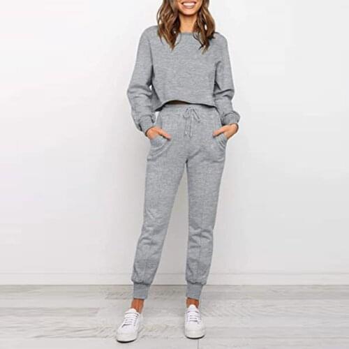 Women Casual Solid Two Piece Sets Lantern Sleeve Pullover Crop Top And Lace Up Long Sweatpant Suits Female Streetwear Tracksuits