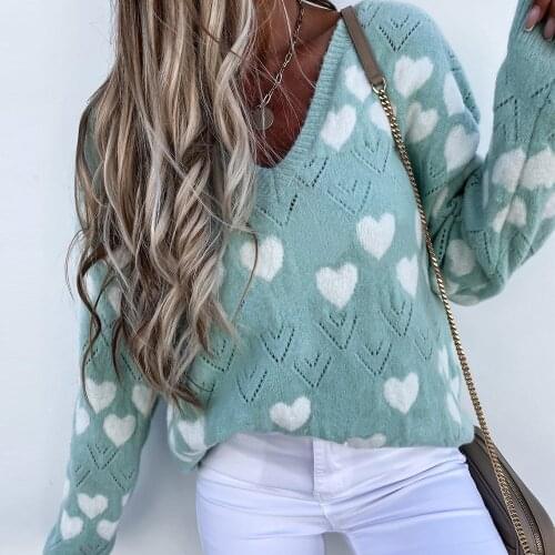 Autumn Winter Heart Sweaters Women V Neck Long Sleeve Soft Warm Pullovers Oversize Hollow Out Comfortable Top 2021 New Jumper