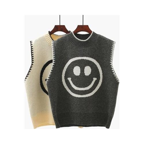 Urifens College Style Smile Face Jacquard Knitted Vest For Women 2021 Spring Korean Version Loose Sleeveless Sweater Vest BN23U