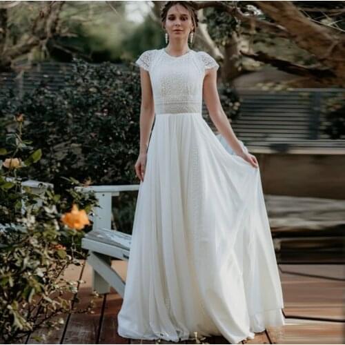 Elegant Wedding Dress 2021 A-Line O-Neck Cap Sleeve Lace Embroidery Open Back Court Train Vintage Bride Gown Vestidos De Noiva