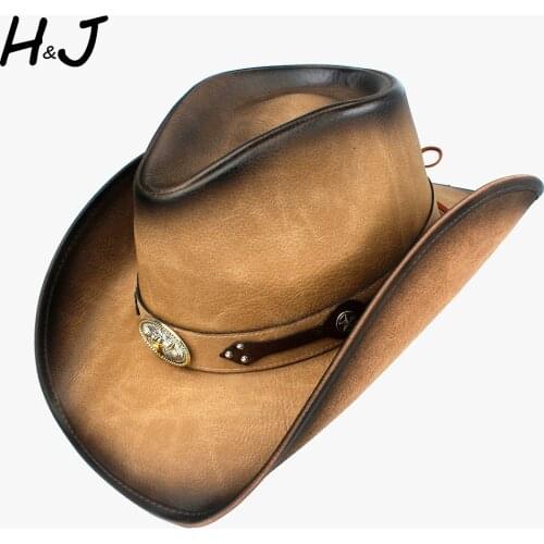 100% Leather Western Cowboy Hat For Men Fedora Hat Gentleman Dad Sombrero Hombre Jazz Caps Size 58-59CM Drop Shipping