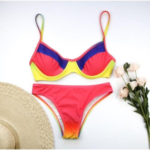 2021 Fashion Women Sexy Bikini Floral/Rainbow Print Swimsuit Push Up Padded Bra+Trunks Panties Swimwear Bathing Suit Beachwear
